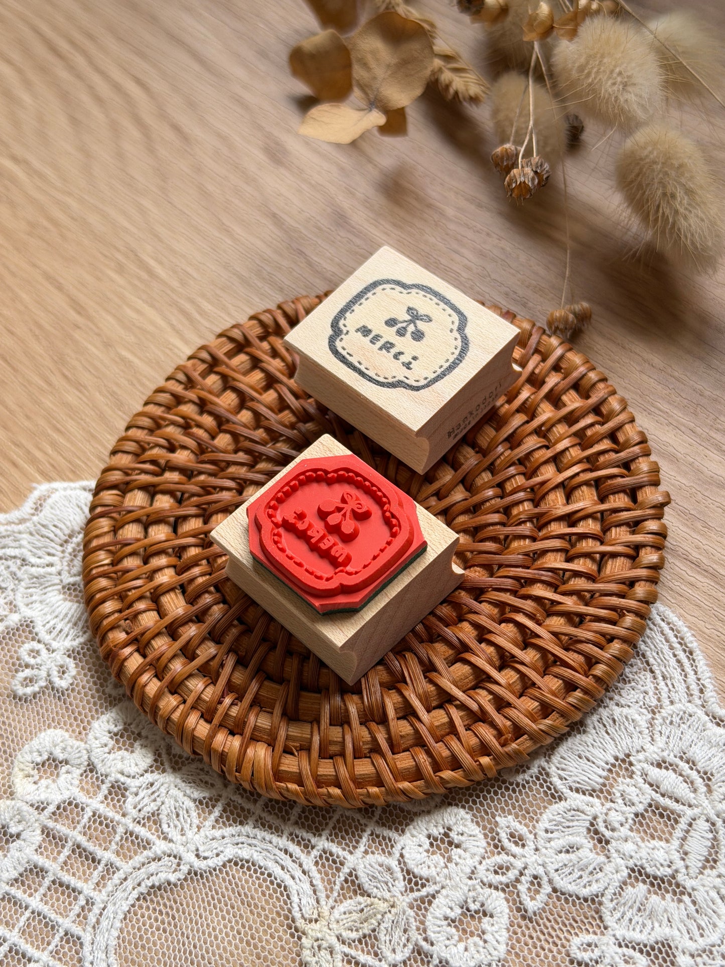 (NEW) Hankodori - Cherry Merci | Wooden Rubber Stamp