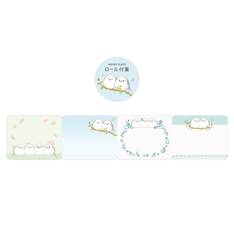 Set of four cute owl-themed stationery items on a white background, sticky note, bird, cute, long tailed tit, nz, japan, japanese, stationery, note, memo, hope and letters