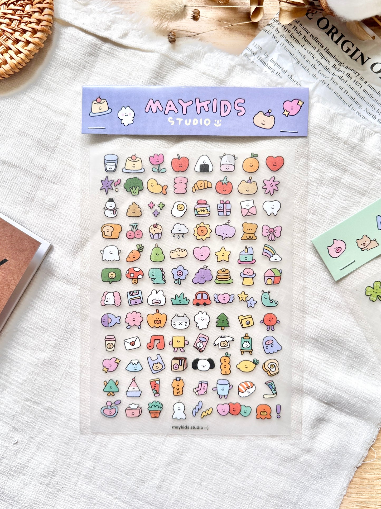 Sheet of colorful stickers with 'Maykids Studio' branding, cute, sticker, pastel, hope and letters, nz, new zealand, stationery