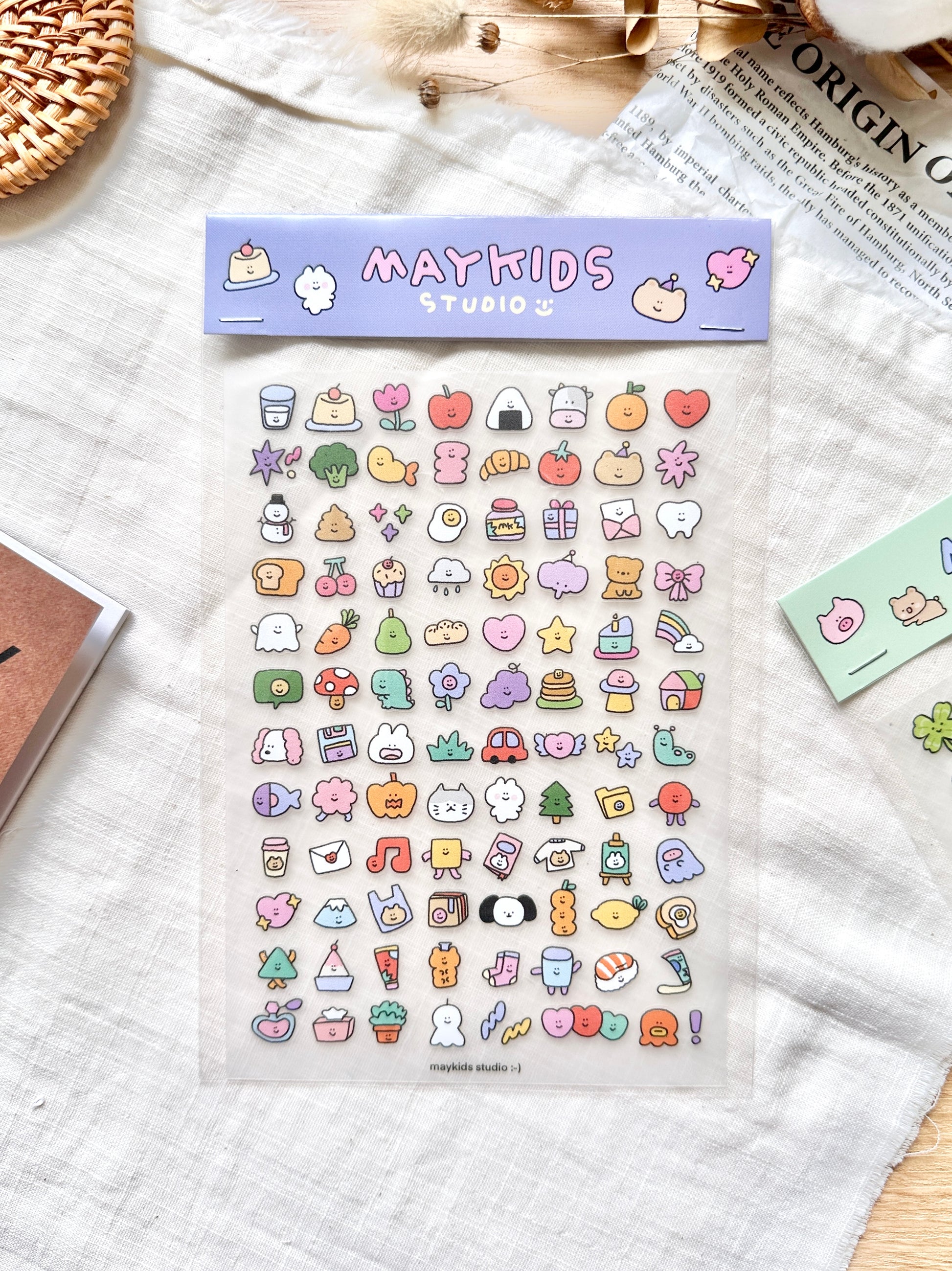 Sheet of colorful stickers with 'Maykids Studio' branding, cute, sticker, pastel, hope and letters, nz, new zealand, stationery