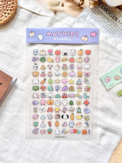 Sheet of colorful stickers with 'Maykids Studio' branding, cute, sticker, pastel, hope and letters, nz, new zealand, stationery