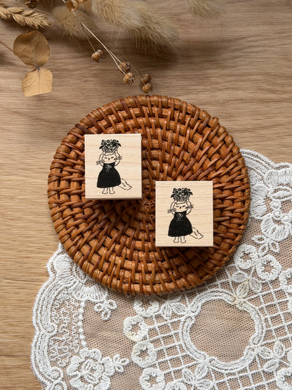 (NEW) Hankodori - Cat and Flower Basket | Wooden Rubber Stamp
