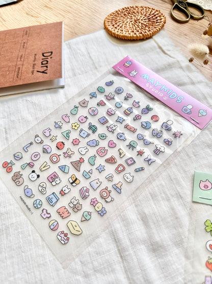 Sheet of colorful stickers with 'MAYKIDS' branding, cute, stickers, hope and letters, nz, 