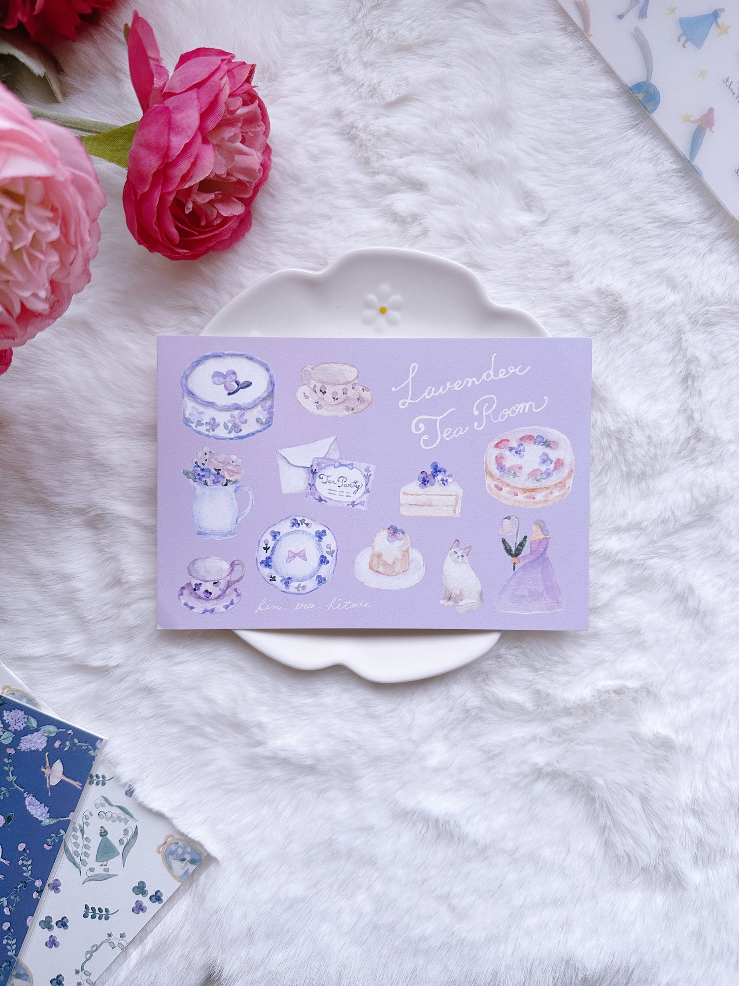 cute, pastel, purple, cake, flower, girl, cat, cup, postcard, japan, nz tea