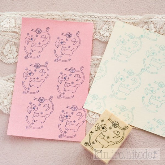 cat, ribbon, flower, floral, cute, japan, nz, rubber stamp, stamp, wooden stamp