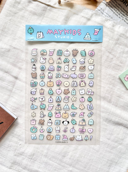 Sheet of colorful christmas-themed stickers with 'Maykids Studio' branding. cute, stickers, christmas, pastel, hope and letters, nz, stationery