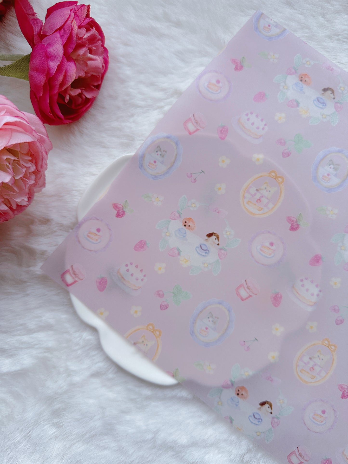 cute, pastel, vellum paper, tissue paper, japan, nz, tea time, purple, pink, kin iro hidote, cat, dog, cake