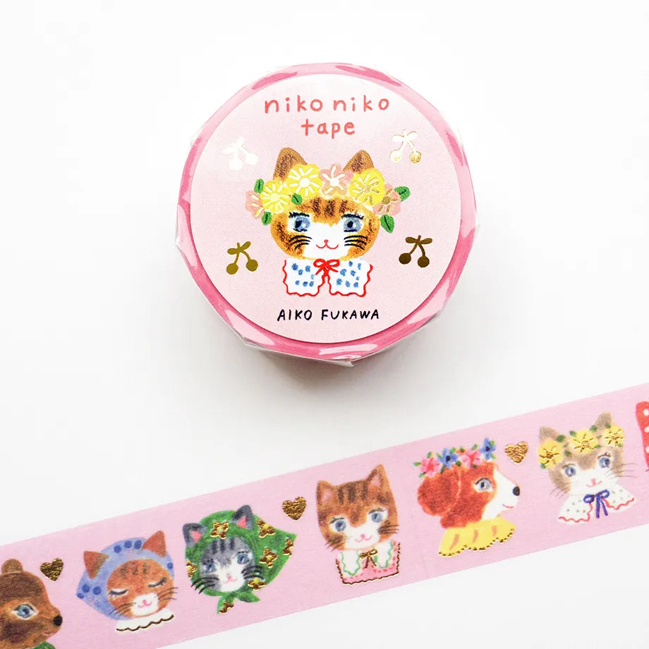 Washi tape with cat designs and 'nikoniko tape' branding on a white background, hope and letters, nz, auckland, new zealand, cute cat, rabbit, aiko fukawa, washi tape, pink