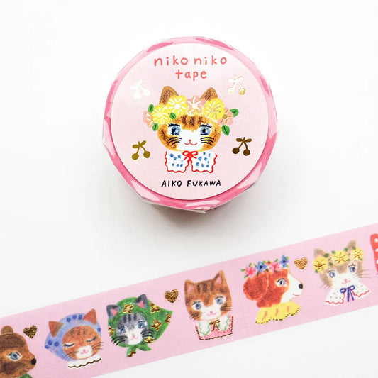 Washi tape with cat designs and 'nikoniko tape' branding on a white background, hope and letters, nz, auckland, new zealand, cute cat, rabbit, aiko fukawa, washi tape, pink