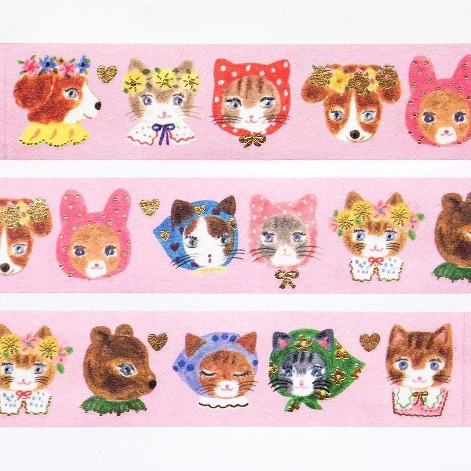 Washi tape with cat designs and 'nikoniko tape' branding on a white background, hope and letters, nz, auckland, new zealand, cute cat, rabbit, aiko fukawa, washi tape, pink