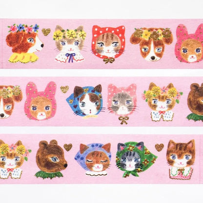 Washi tape with cat designs and 'nikoniko tape' branding on a white background, hope and letters, nz, auckland, new zealand, cute cat, rabbit, aiko fukawa, washi tape, pink