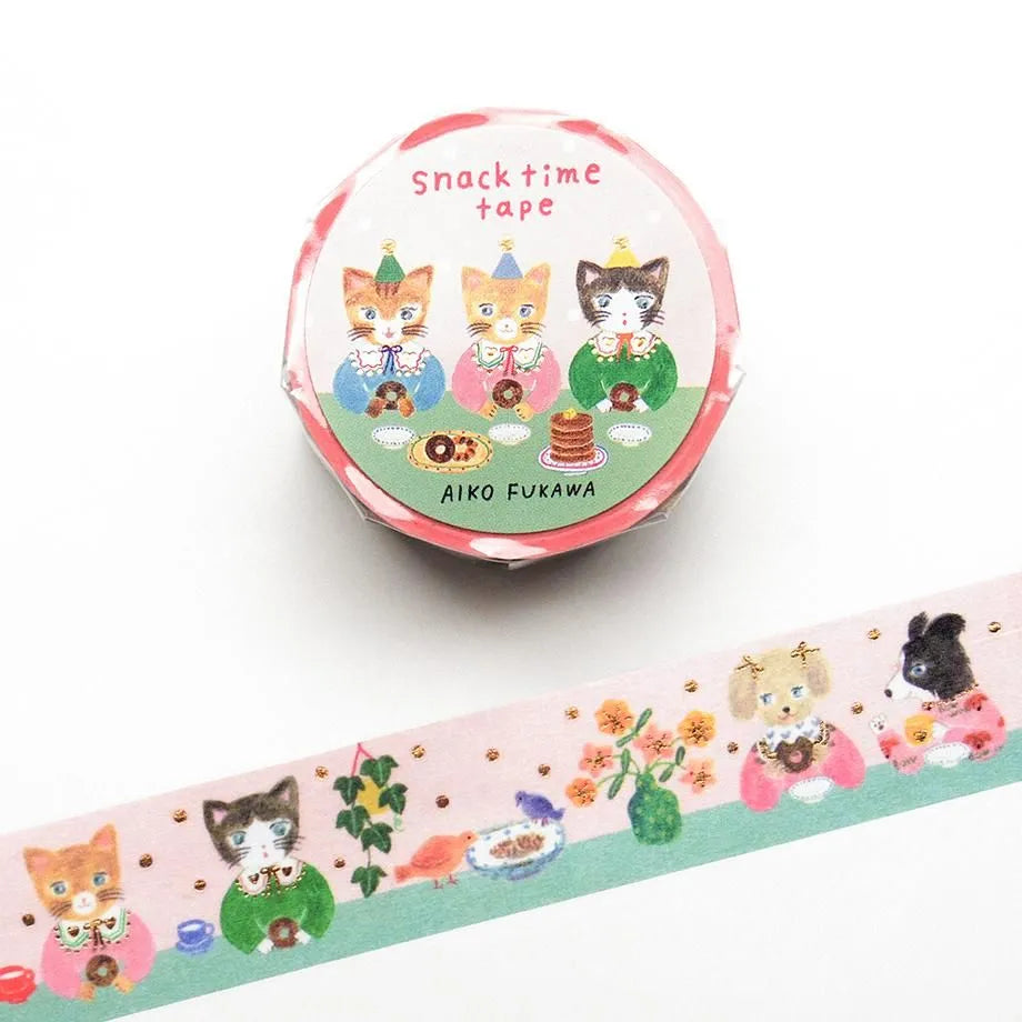 Decorative tape with cat illustrations and 'Snack time tape' text on a white background, tea time, pancake, cute, aiko fukawa, washi tape, masking tape, japan, hope and letters, nz, auckland, japanese stationery, pink, gold foil