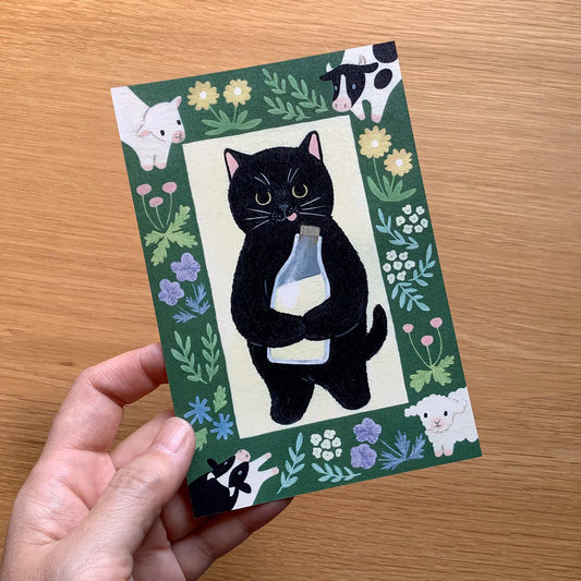 Black Cat with Milk | Postcard