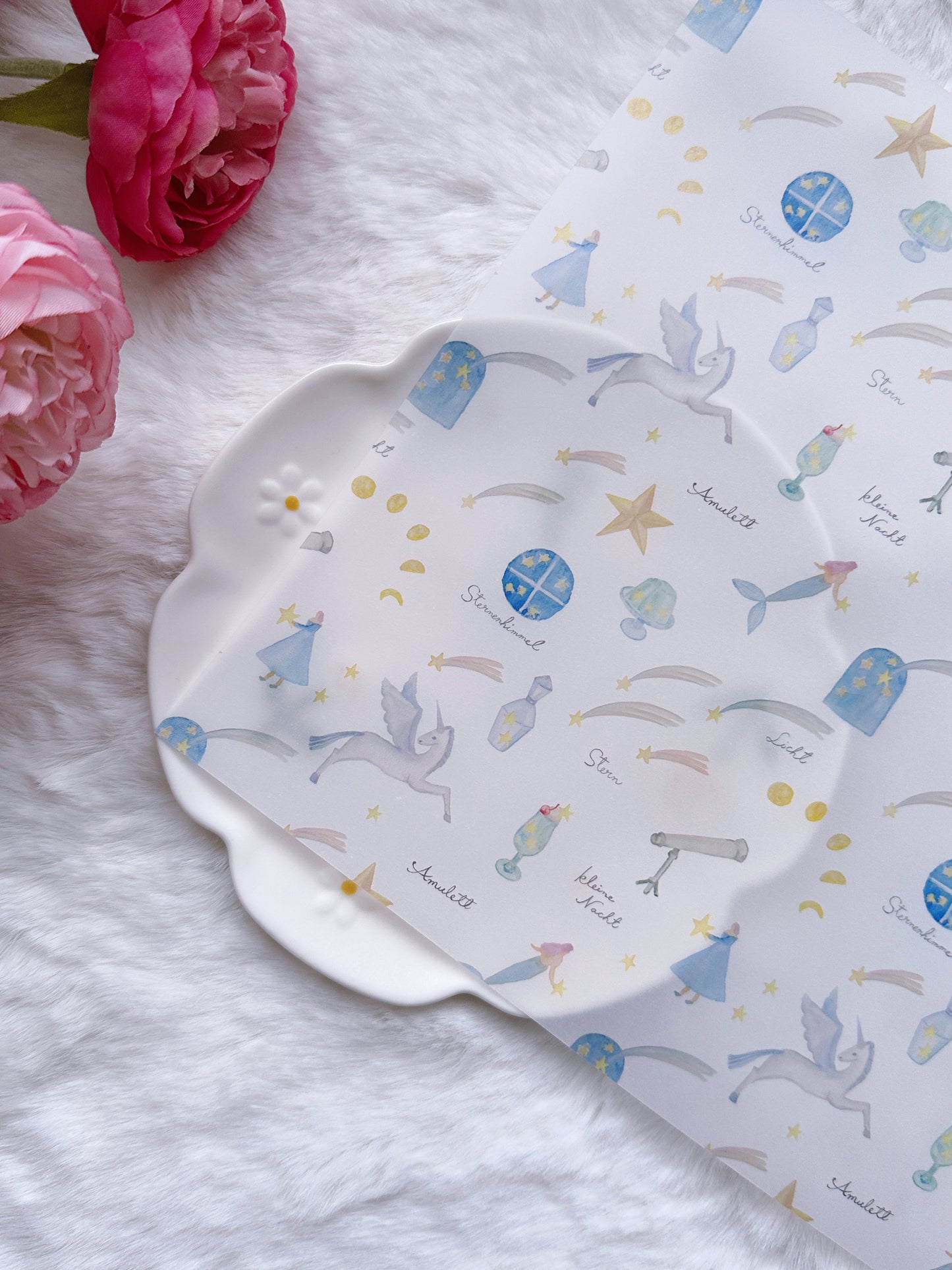 cute, pastel, vellum paper, tissue paper, japan, nz, unicorn, star, mermaid, blue, white, kin iro hidote