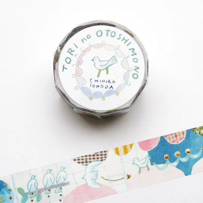 Chihiro Sonoda bird motif washi tape in soft pastel colors with elegant gold foil embellishments, washi tape, japan, stationery, masking tape, nz, hope and letters, gold foil, cute, new zealand