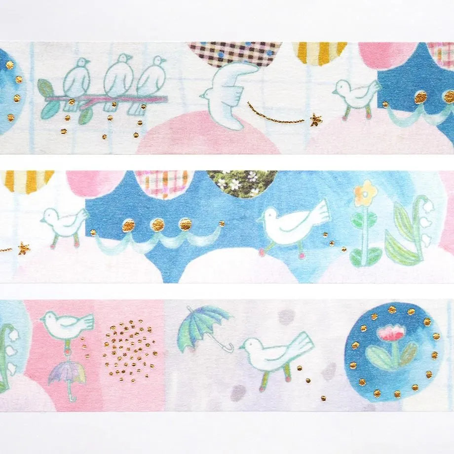 Chihiro Sonoda bird motif washi tape in soft pastel colors with elegant gold foil embellishments, washi tape, japan, stationery, masking tape, nz, hope and letters, gold foil, cute, new zealand