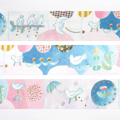 Chihiro Sonoda bird motif washi tape in soft pastel colors with elegant gold foil embellishments, washi tape, japan, stationery, masking tape, nz, hope and letters, gold foil, cute, new zealand