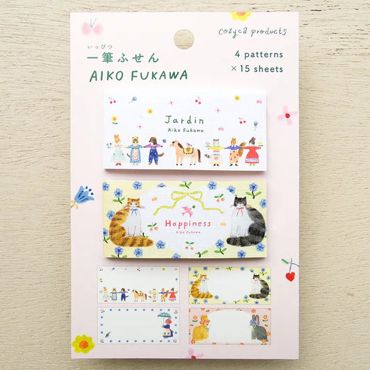 Aiko Fukawa Jardin & Happiness One-Line Sticky Notes by Cozyca Products Japan, featuring cute cats, whimsical animals and colourful floral illustrations in 4 designs.