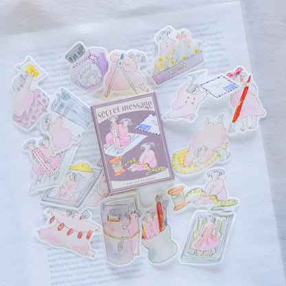 Collection of decorative stickers with a 'secret message' theme on a white surface, dodolulu, cute, hope and letters, nz, new zealand, pastel color, matchbox, sticker flakes