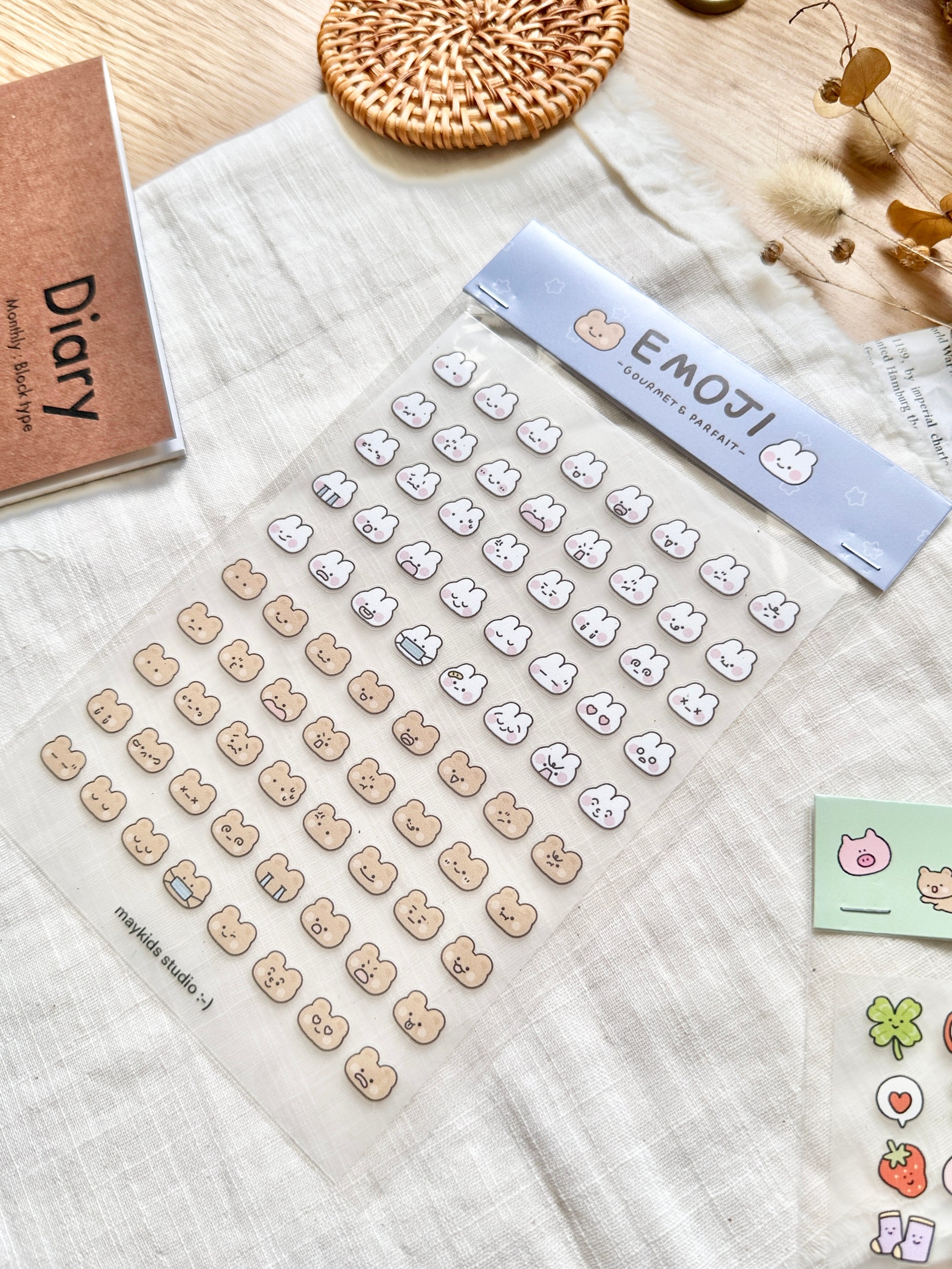 Sheet of emoji stickers with a small rabbit with different facial expression, feeling of the day, sad, happy face, cute, angry, stickers, hope and letters, nz, auckland, rabbit, bear