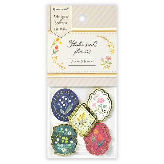 Floral design flake seals in packaging with decorative elements, gold foil, sticker, sticker flakes, seals, beautiful, nz, japan, rose, lily, japan, hope and letters