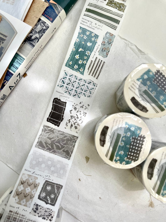 Decorative washi tape with various patterns on a white surface, washi tape, taiwan, pion, cute, cloth, fabric, floral, hope and letters, nz, new zealand