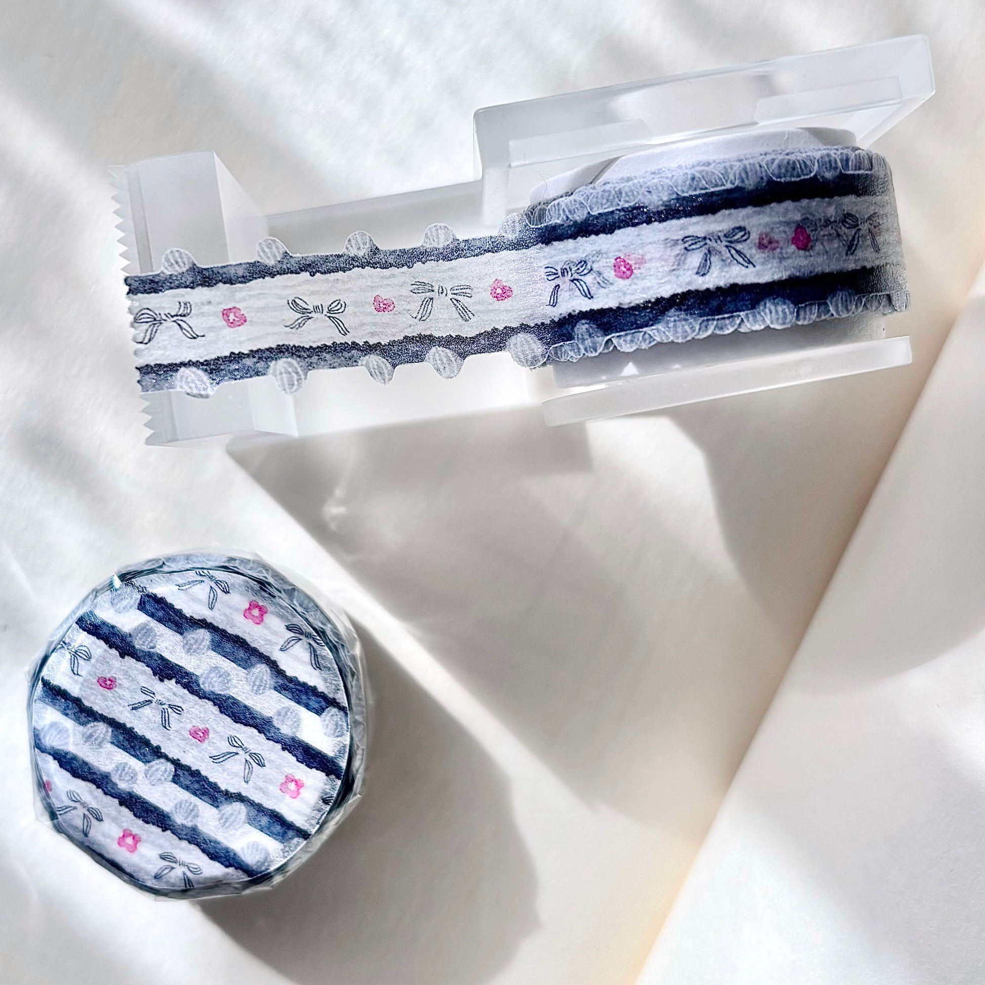 Navy and white striped headband with floral patterns on a white background, washi tape, taiwan, japan, nz, hope and letters, tape, ribbon, cute