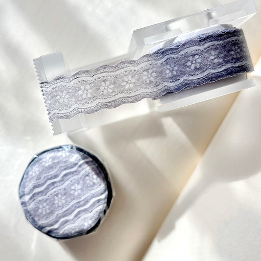 Lace trim and circular lace pattern on a white background, grey and white, washi tape, taiwan, nz, hope and letters, journal, pion, floral, flower