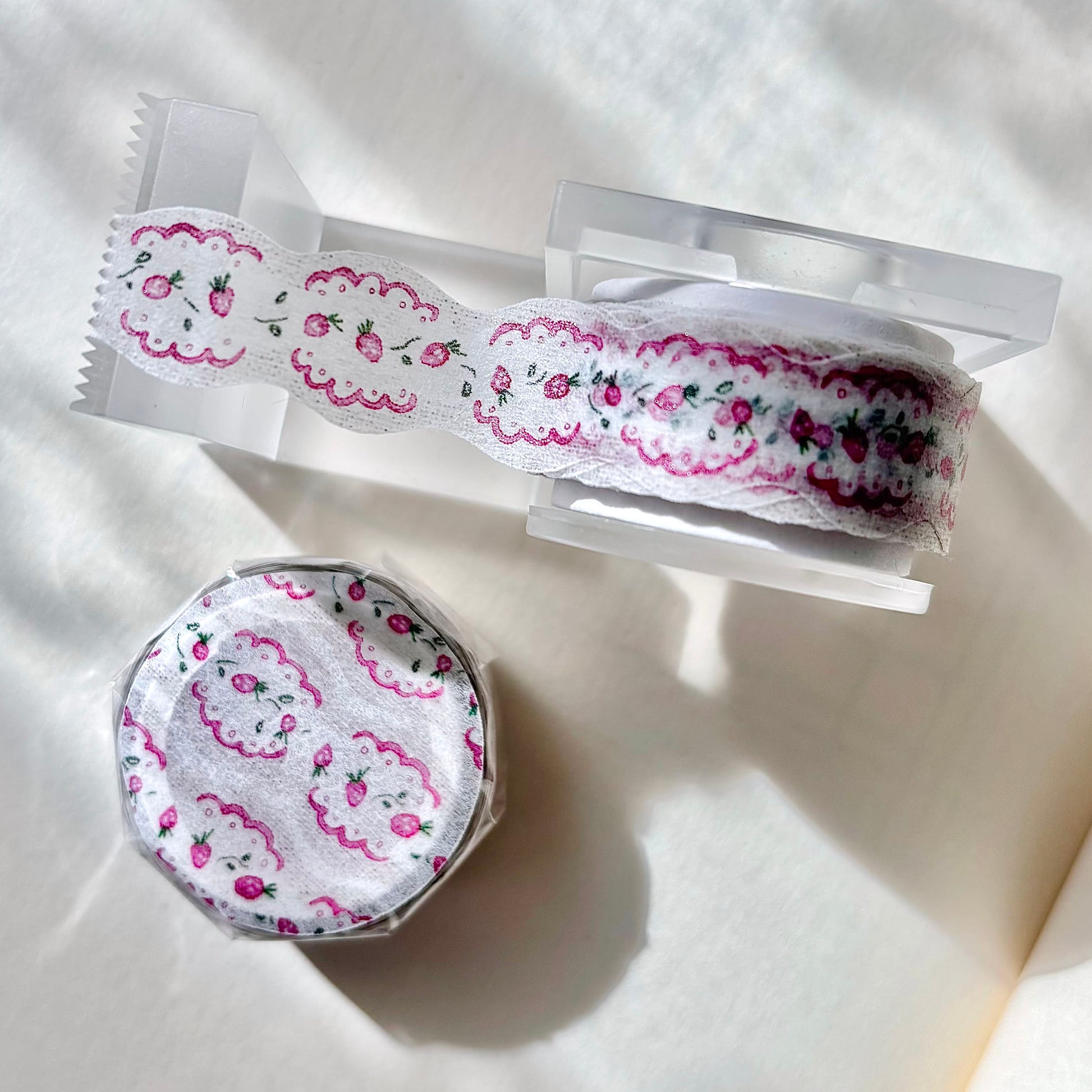 Floral-patterned cotton pads on a white surface, strawberry, cute, washi tape, taiwan, pion, hope and letters,nz, pink