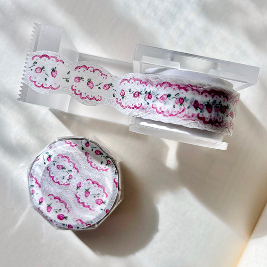 Floral-patterned cotton pads on a white surface, strawberry, cute, washi tape, taiwan, pion, hope and letters,nz, pink