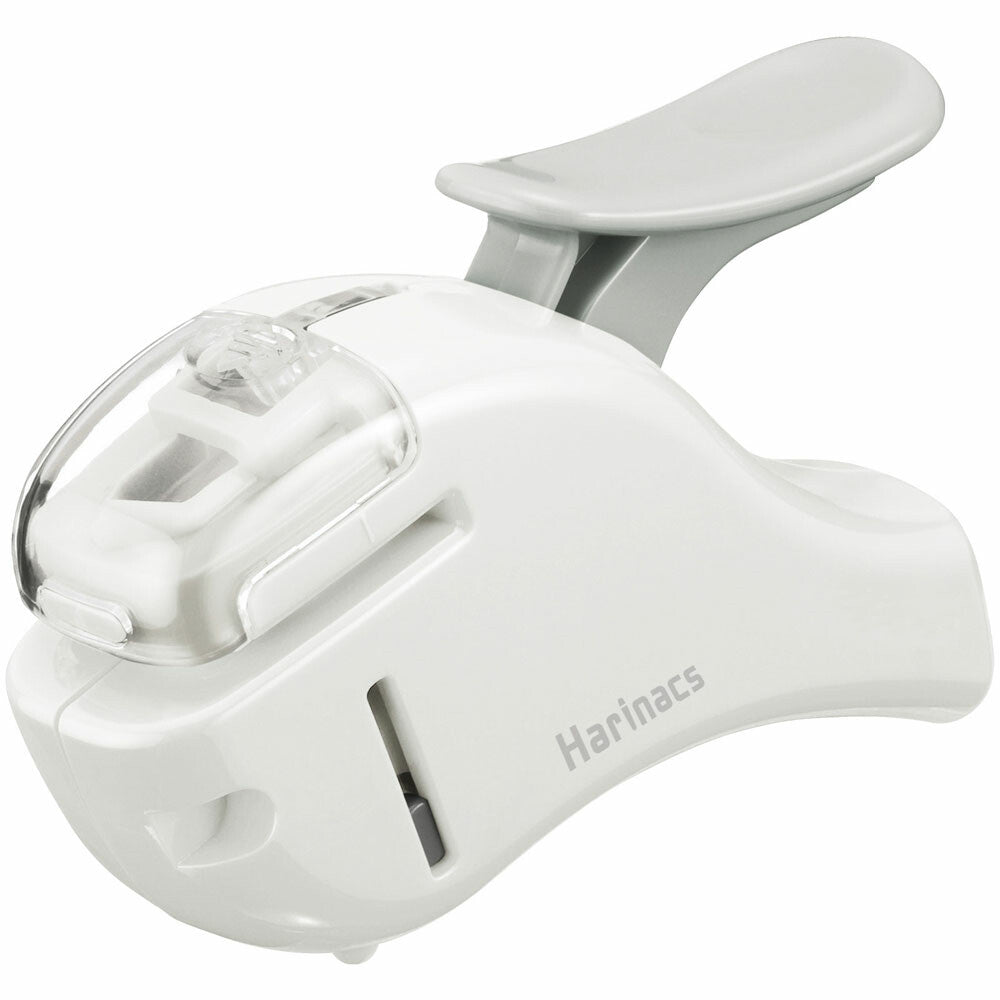 A white and light gray Harinacs, staplerless, stapler, white, shown on a solid white background. nz, stationery