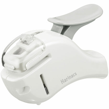 A white and light gray Harinacs, staplerless, stapler, white, shown on a solid white background. nz, stationery