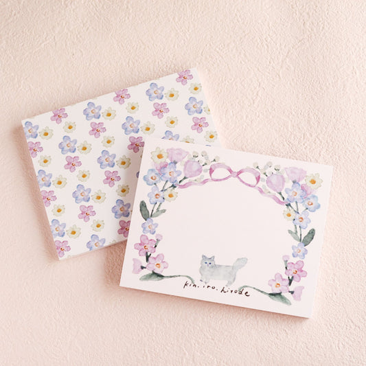 cute, floral, ribbon, cat, pink, pastel, memopad, notepad, japan, flower