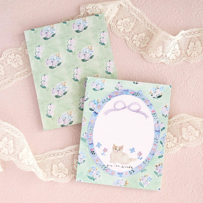 cute, cat, memopad, notepad, pastel, green, pink, blue, ribbon