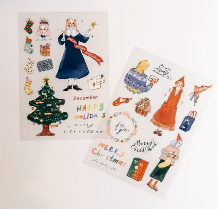 Set of Christmas-themed stickers with people, trees, and decorative elements on a white background. hope and letters, taiwan, christmas, stickers, cute, la dolce vita, nz, christmas tree. gift