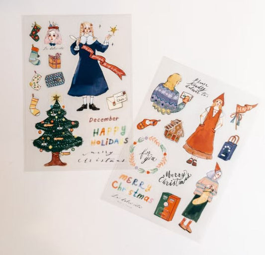 Set of Christmas-themed stickers with people, trees, and decorative elements on a white background. hope and letters, taiwan, christmas, stickers, cute, la dolce vita, nz, christmas tree. gift