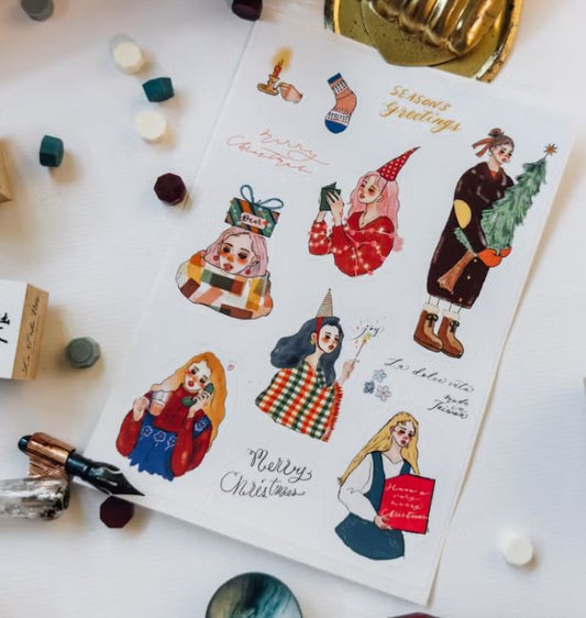 Sheet of Christmas-themed stickers with illustrations on a white surface, christmas, hope and letters nz, nz, la dolce vita, stickers, craft