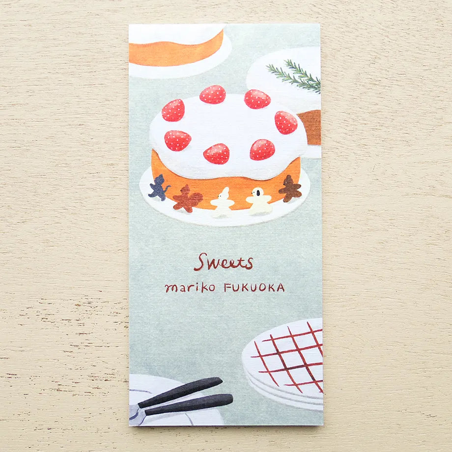 Card with illustration of a cake and text 'Sweets mariko FUKUOKA' on a beige background, cake, nz, hope and letters, memopad, notepad, cute, notebook