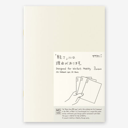 Product packaging for a set of notebooks with text and illustration on a beige background, white, minimalist, midori, md, quality, nz, japan, notebook, journal, light