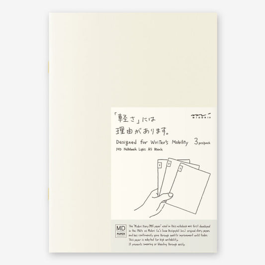 Product packaging for a set of notebooks with text and illustration on a beige background, white, minimalist, midori, md, quality, nz, japan, notebook, journal, light