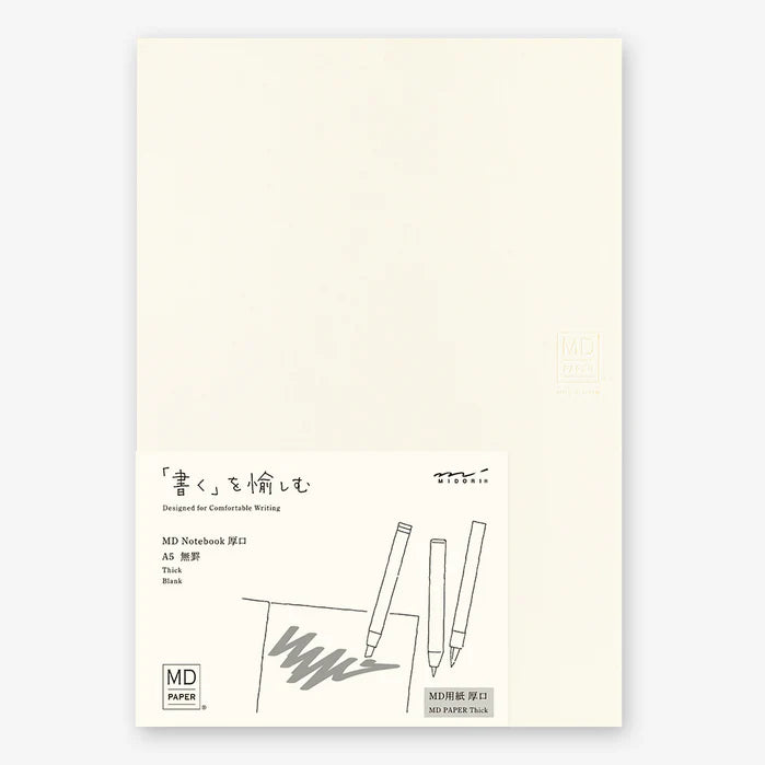 White notebook cover with black text and illustrations of pens on a white background, sketchbook, drawing book, painting book, draft, notebook, journal, illustration, md, midori, japan, nz, new zealand, coloring book, thick paper,