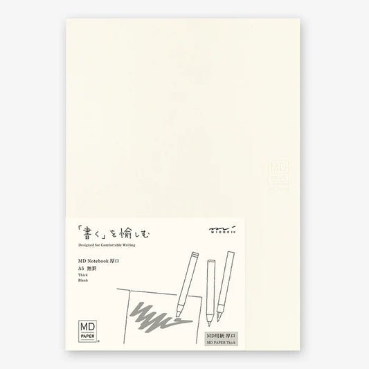 White notebook cover with black text and illustrations of pens on a white background, sketchbook, drawing book, painting book, draft, notebook, journal, illustration, md, midori, japan, nz, new zealand, coloring book, thick paper,