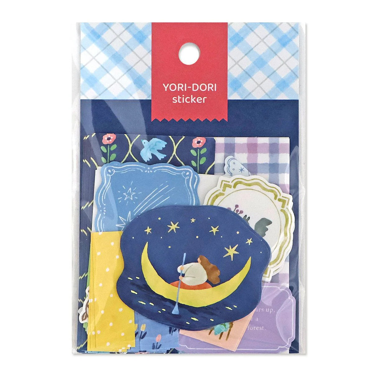 Packaged stickers with cartoon characters on a checkered background, featuring the brand 'YORI-DORI', stickers, hope and letters, nz, journal, cute, dream, fantasy, japan