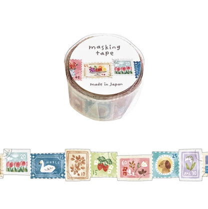 Roll of decorative masking tape with postage stamp designs on a white background, stamp, cute, japan, washi tape, masking tape, die cut, hope and letters, nz, japan