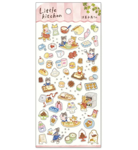 Sheet of decorative stickers with cute illustrations and 'Little kitchen' text on a white background, cute, cat, japan, hope and letters, stickers, spring, flowers, cherry blossom, new zealand, happy, pink, white, nz