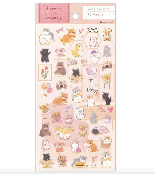Sheet of mini animal stickers with various cute illustrations on a white background. kitten, cat, cute, stickers, nz, japan, gold foiled