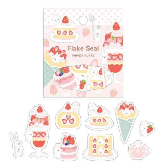 Packaged Flake Seal stickers with cute dessert designs on a white background, rabbit, cute, cake, strawberry, pink, red, crepe cake, tea, fork, hope and letters, stickers, seal, flakes, japan, nz