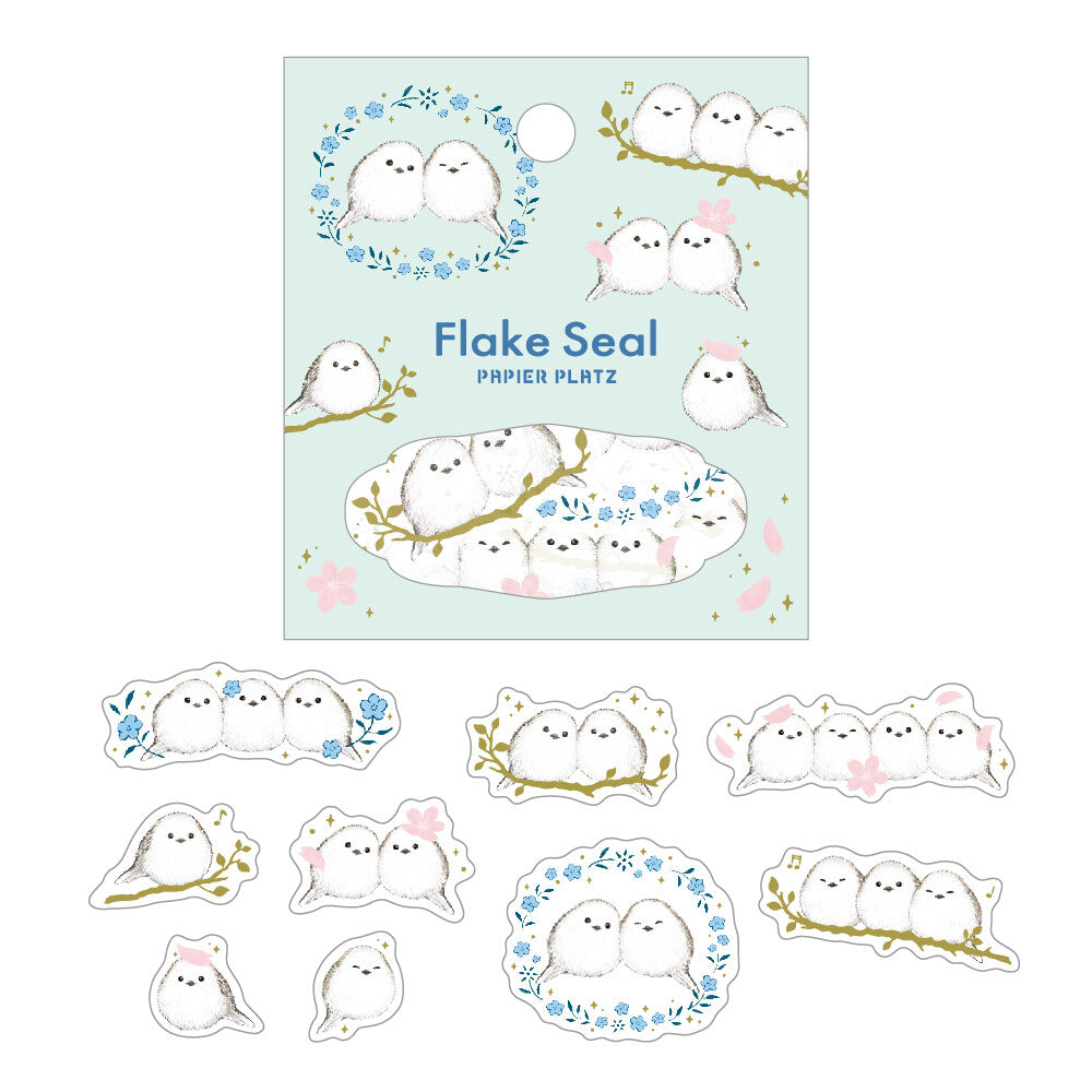 Set of Flake Seal stickers with cute animal designs on a light blue background, long tailed tit, bird, cute, japan, nz, hope and letters, sticker, seal