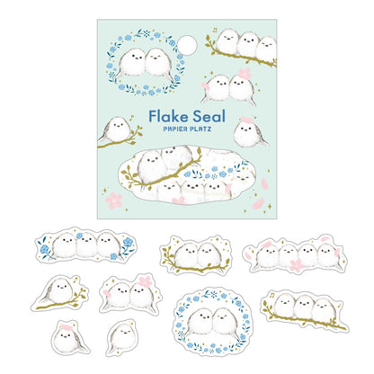 Set of Flake Seal stickers with cute animal designs on a light blue background, long tailed tit, bird, cute, japan, nz, hope and letters, sticker, seal