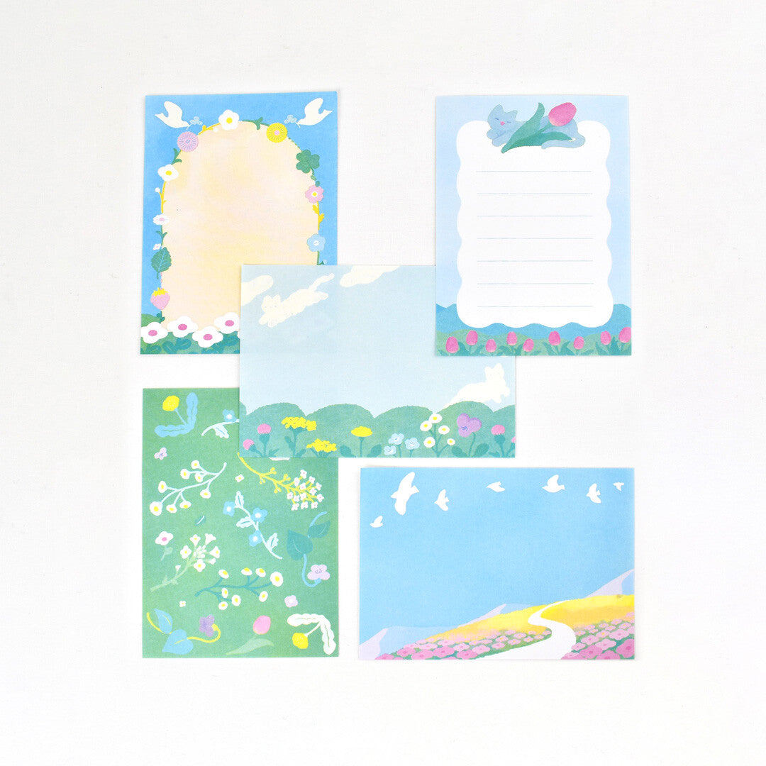 Set of decorative paper sheets with floral and landscape designs on a white background, blue sky, happy, cute, landscape, cute, notepad, memopad, japan, paper, notebook, hope and letters, nz